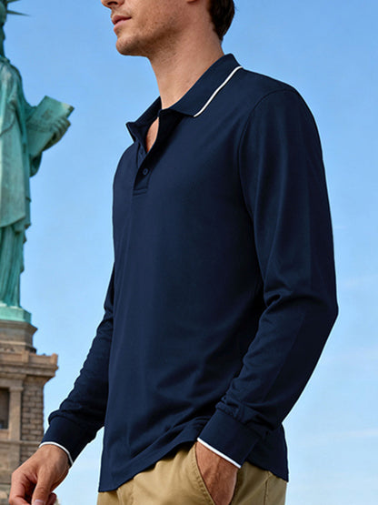 Men's full-size classic long-sleeve polo shirt by Trendsi in deep teal with contrast trim, designed for plus size.