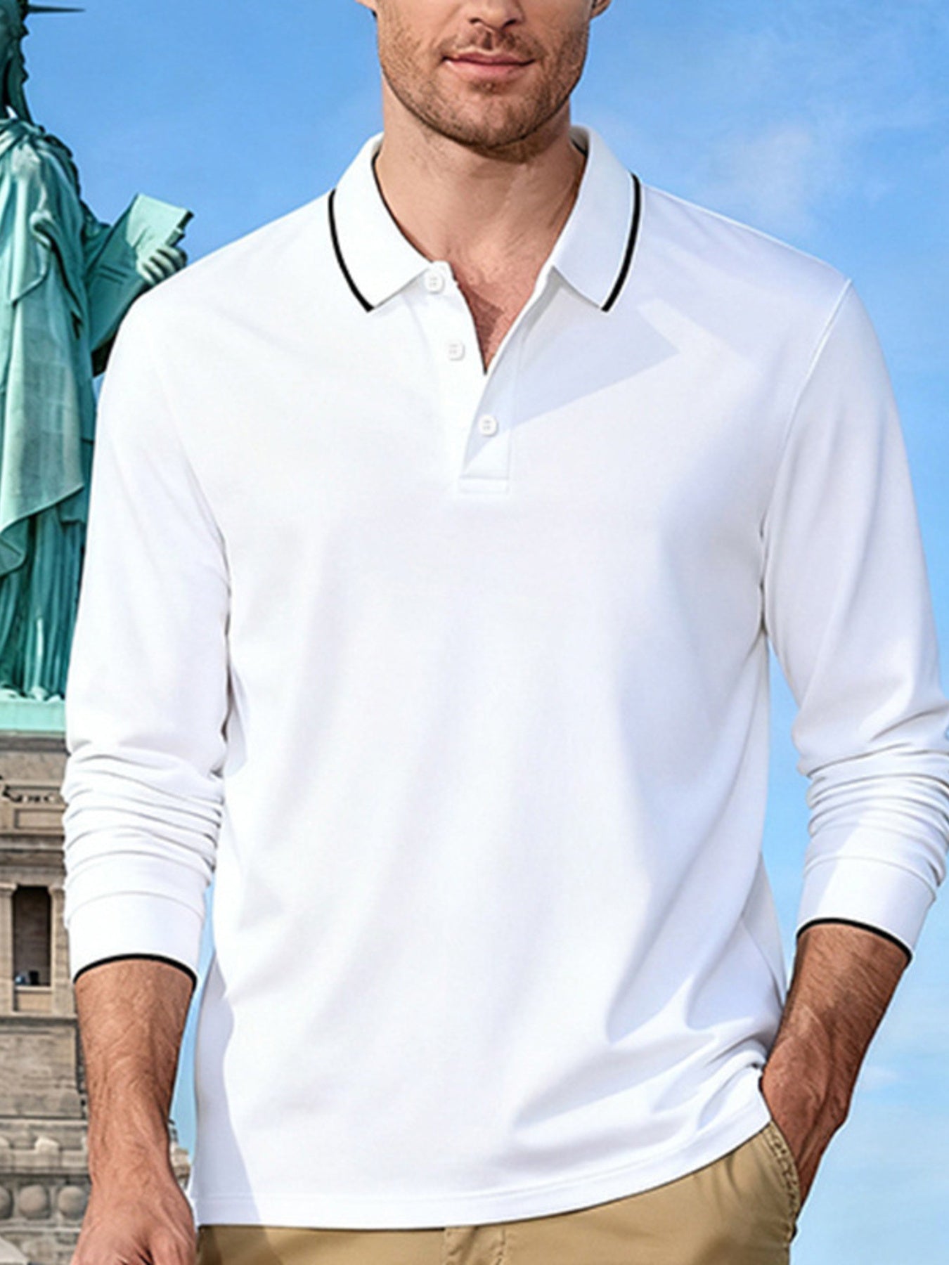 Men's full-size classic long-sleeve polo shirt with contrast trim, deep teal color, by Trendsi.
