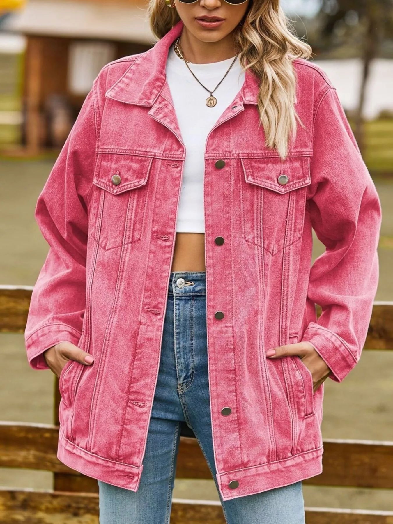 Trendsi washed pink denim jacket with button-down front, classic collar, and long sleeves, casual and stylish for everyday wear.