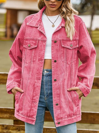 Trendsi washed pink denim jacket with button-down front, classic collar, and long sleeves, casual and stylish for everyday wear.