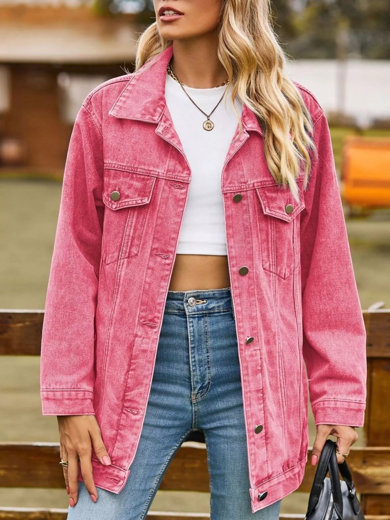 Hot pink washed denim jacket by Trendsi, button-down style with classic denim texture and casual fit.