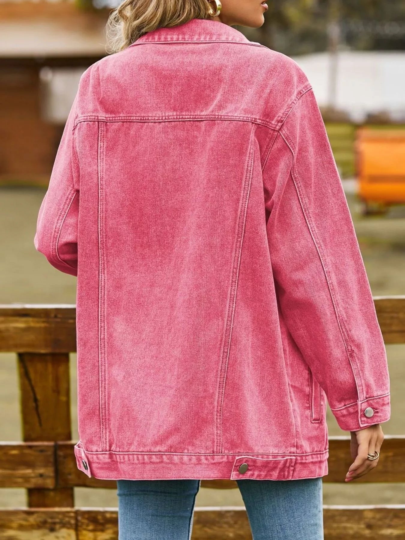 Trendsi pink washed denim button-down jacket with classic collar and long sleeves, casual and stylish for everyday wear.