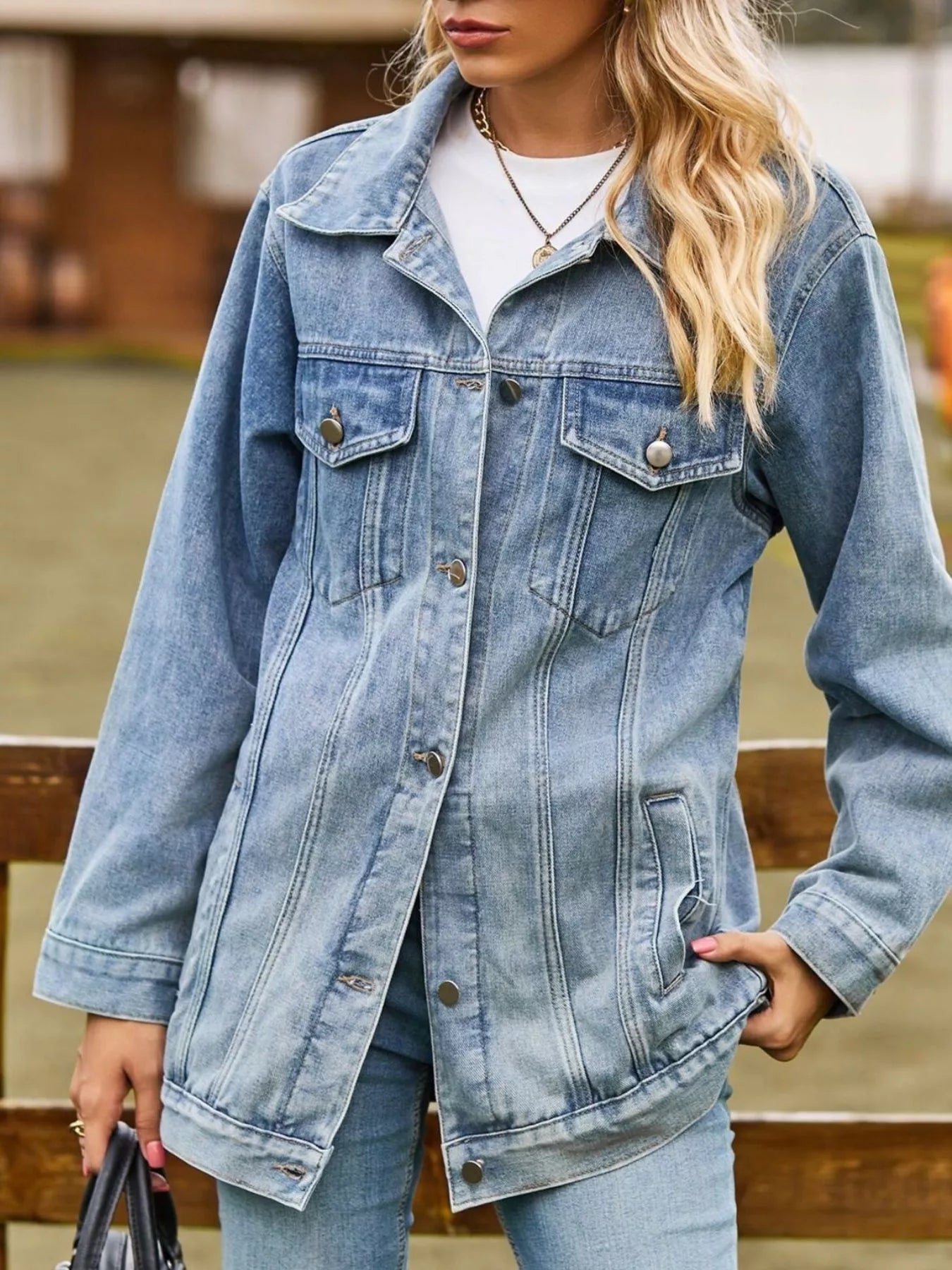 Trendsi washed pink denim jacket with button-down front and classic collar, casual style for women.