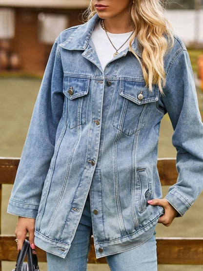 Trendsi washed pink denim jacket with button-down front and classic collar, casual style for women.