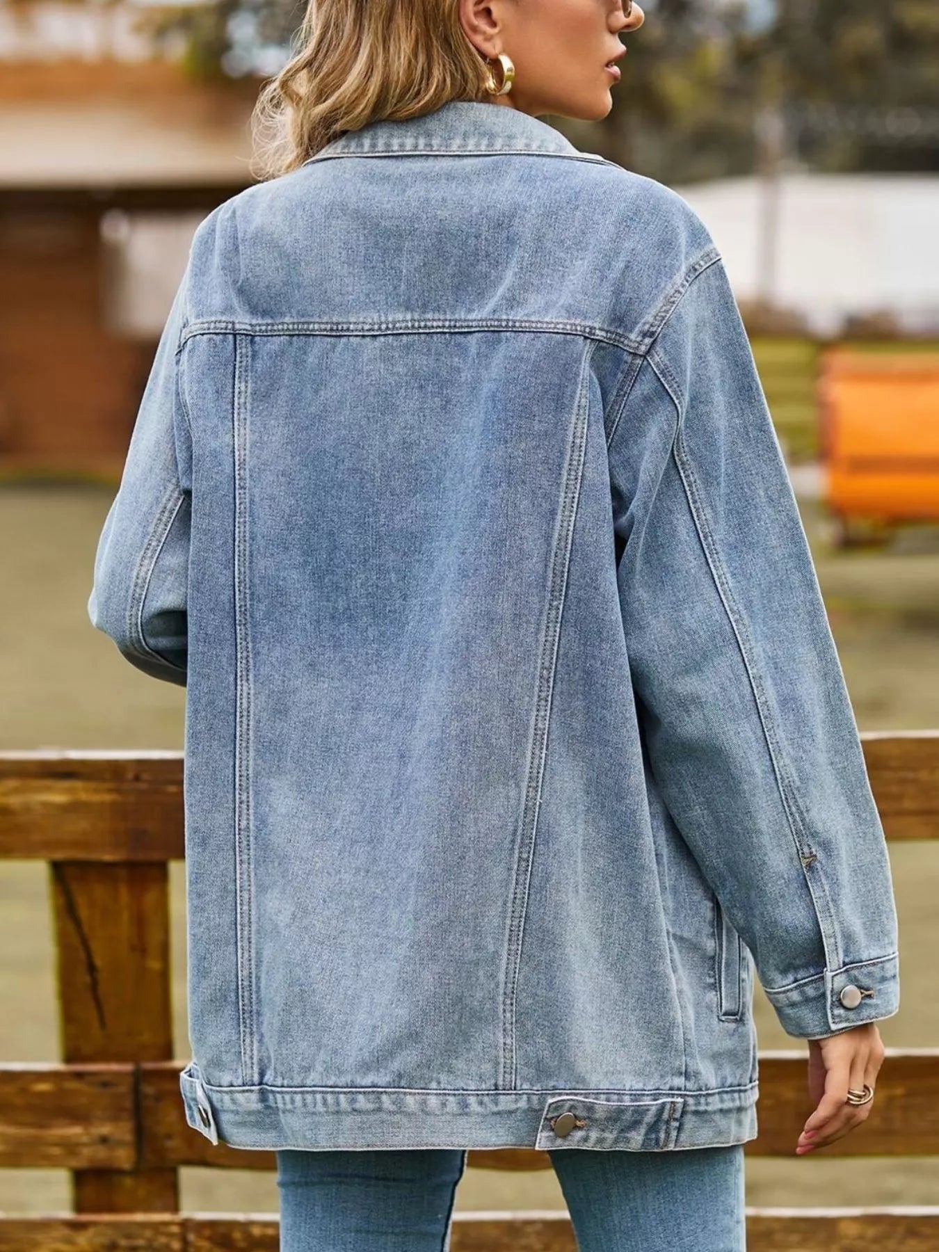 Hot pink button-down washed denim jacket by Trendsi, featuring classic denim texture and stylish collar detail.