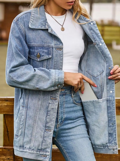 Hot pink washed denim jacket by Trendsi, button-down style with classic denim texture and casual fit.