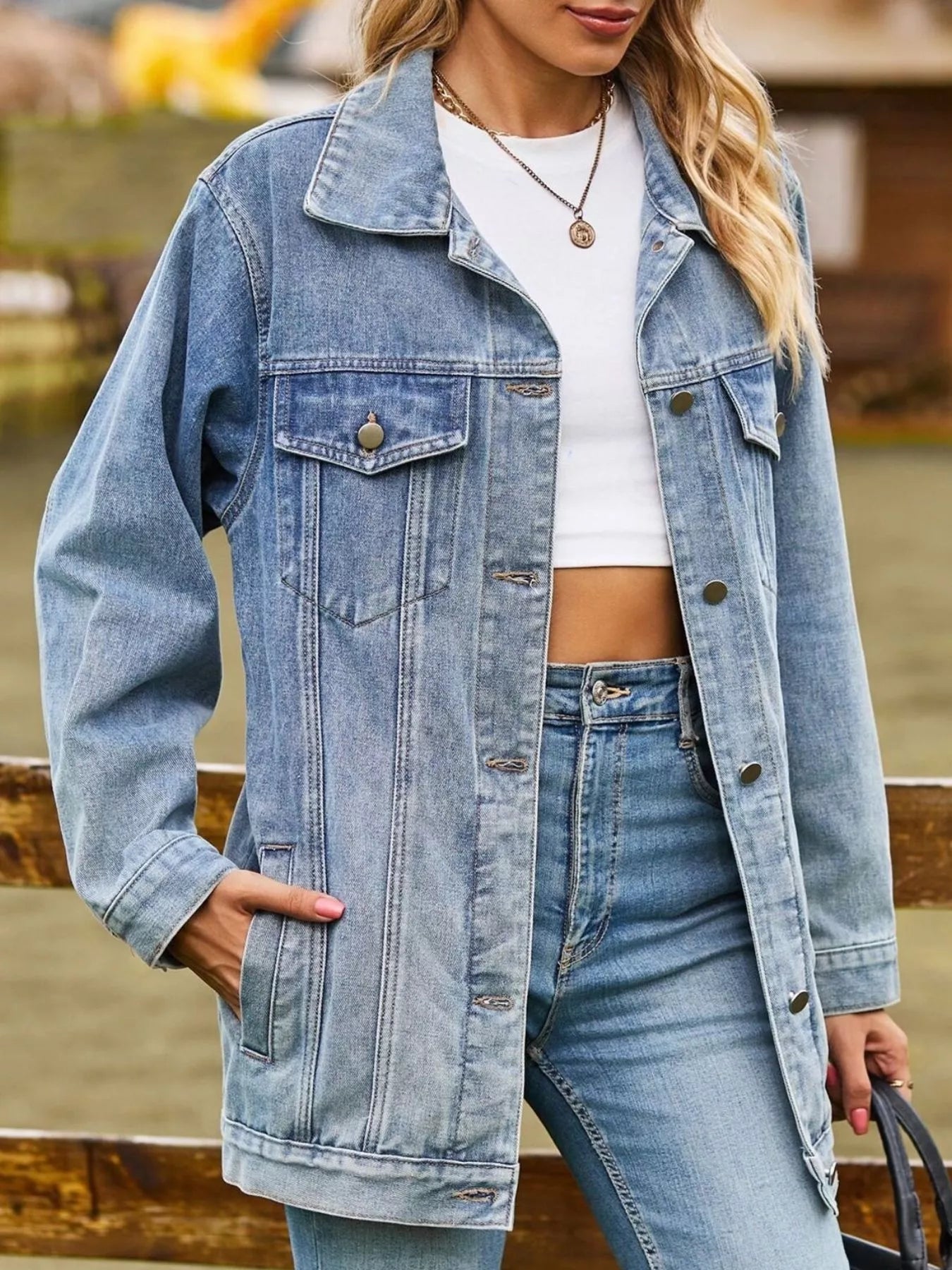 Hot pink washed denim jacket by Trendsi, button-down style, featuring classic denim texture and casual fit.