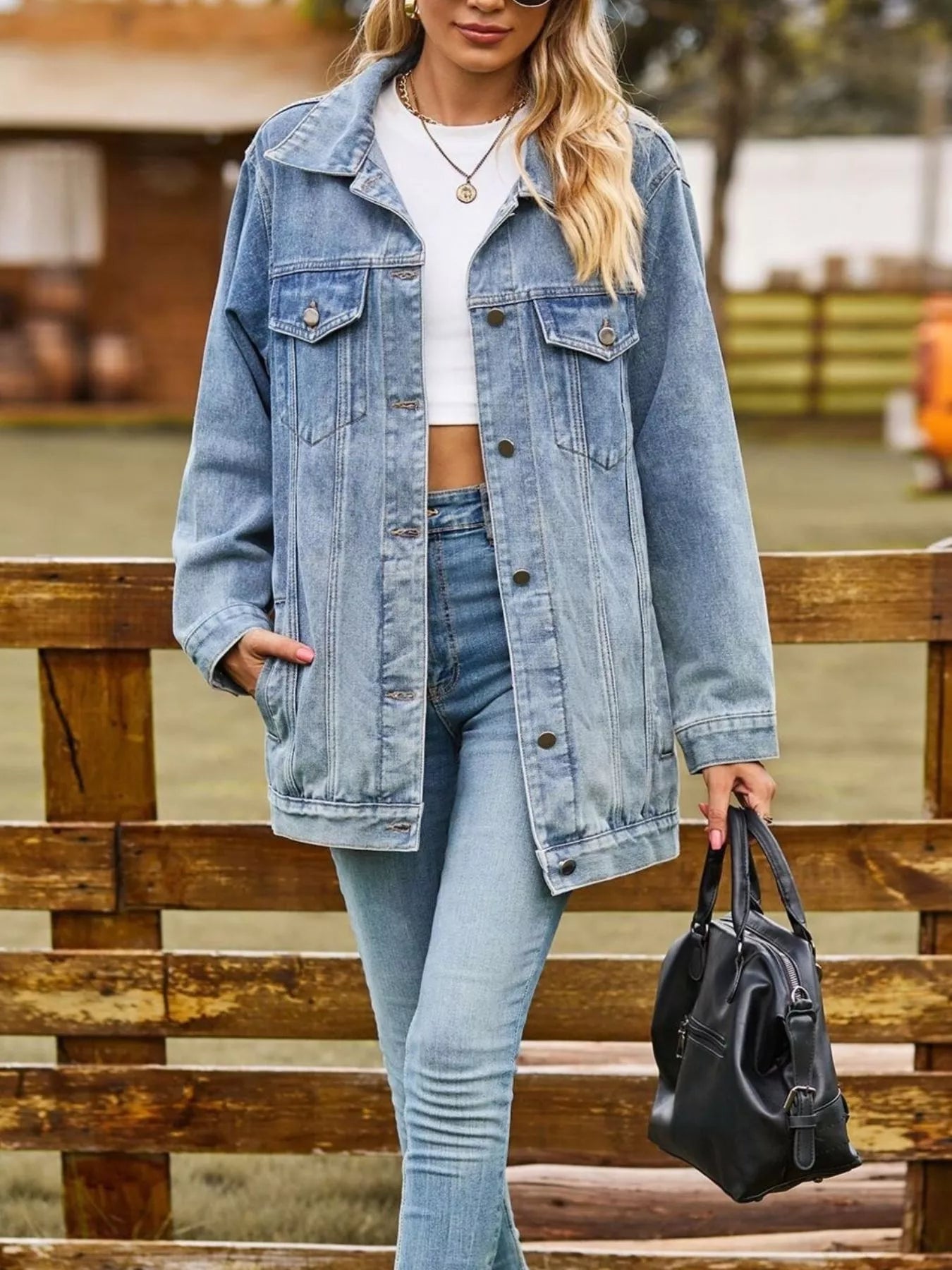 Hot pink washed denim jacket by Trendsi, button-down style with classic denim texture and casual fit.