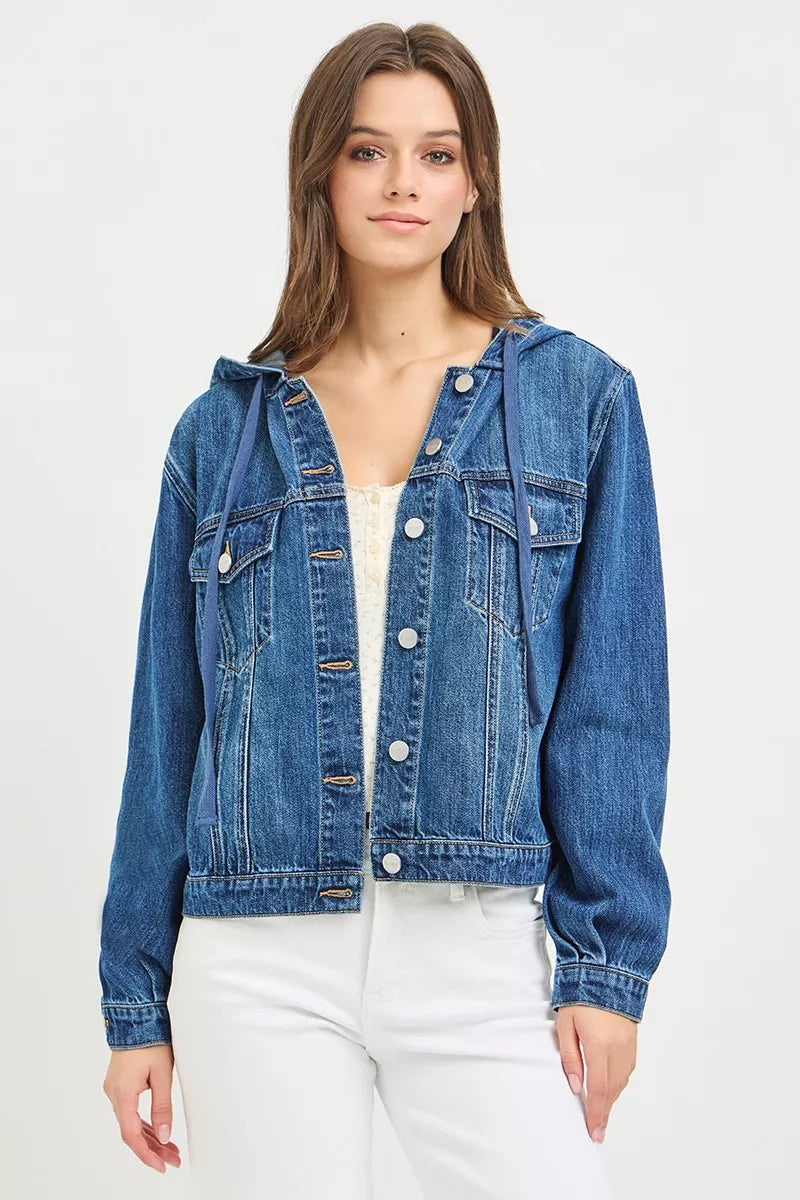 Trendsi RISEN Basic Denim Jacket with Hoodie, casual blue denim jacket with front pockets and hood, stylish and versatile outerwear