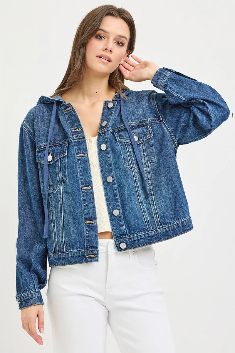 Trendsi RISEN Basic denim jacket with attached hoodie, featuring classic blue denim and casual style, front view.