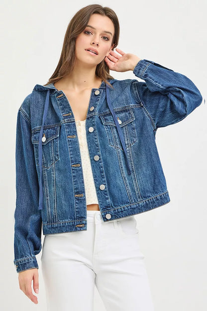 Trendsi RISEN Basic denim jacket with attached hoodie, featuring classic blue denim and casual style, front view.