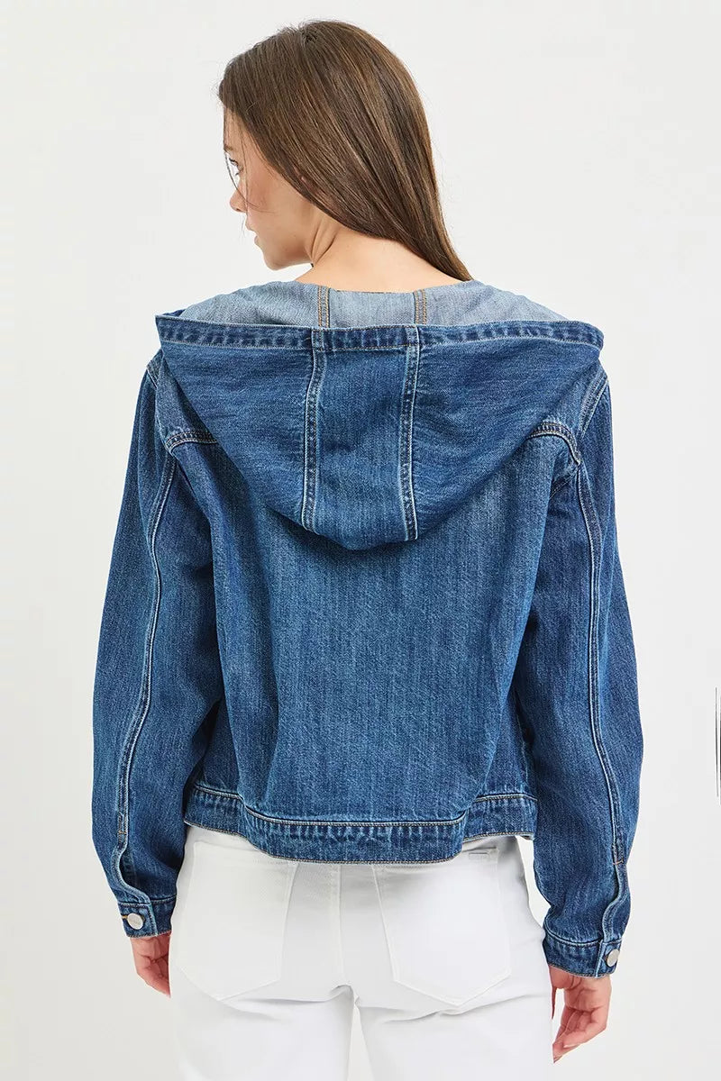 Trendsi RISEN Basic denim jacket with attached hoodie, front view showing classic blue denim and casual style.