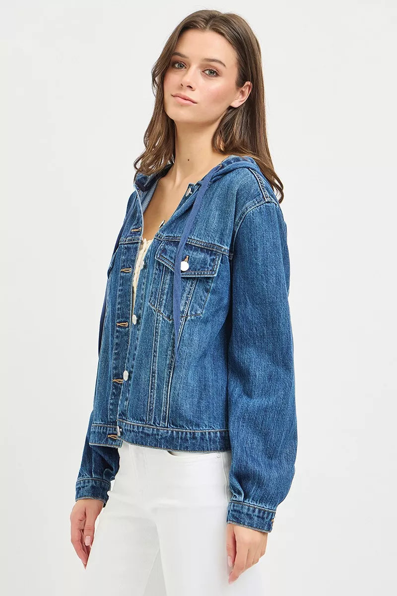 Trendsi RISEN Basic denim jacket with attached hoodie, front view showing classic blue denim fabric and casual style.