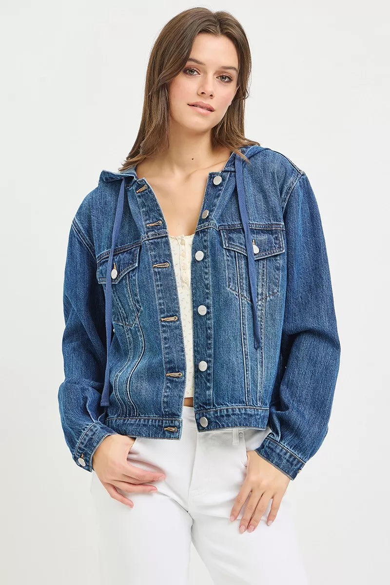 Trendsi RISEN Basic denim jacket with hood, featuring classic blue denim, front pockets, and casual style.
