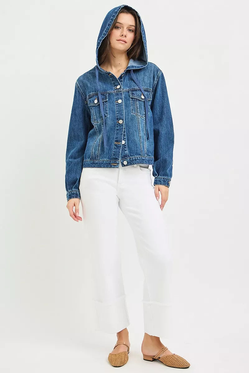 Risen Basic denim jacket with hoodie from Trendsi, showing front view with classic blue denim and hoodie detail.