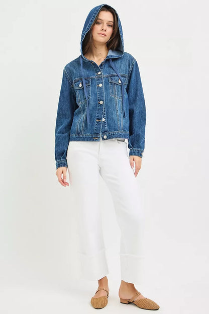 Risen Basic denim jacket with hoodie from Trendsi, showing front view with classic blue denim and hoodie detail.