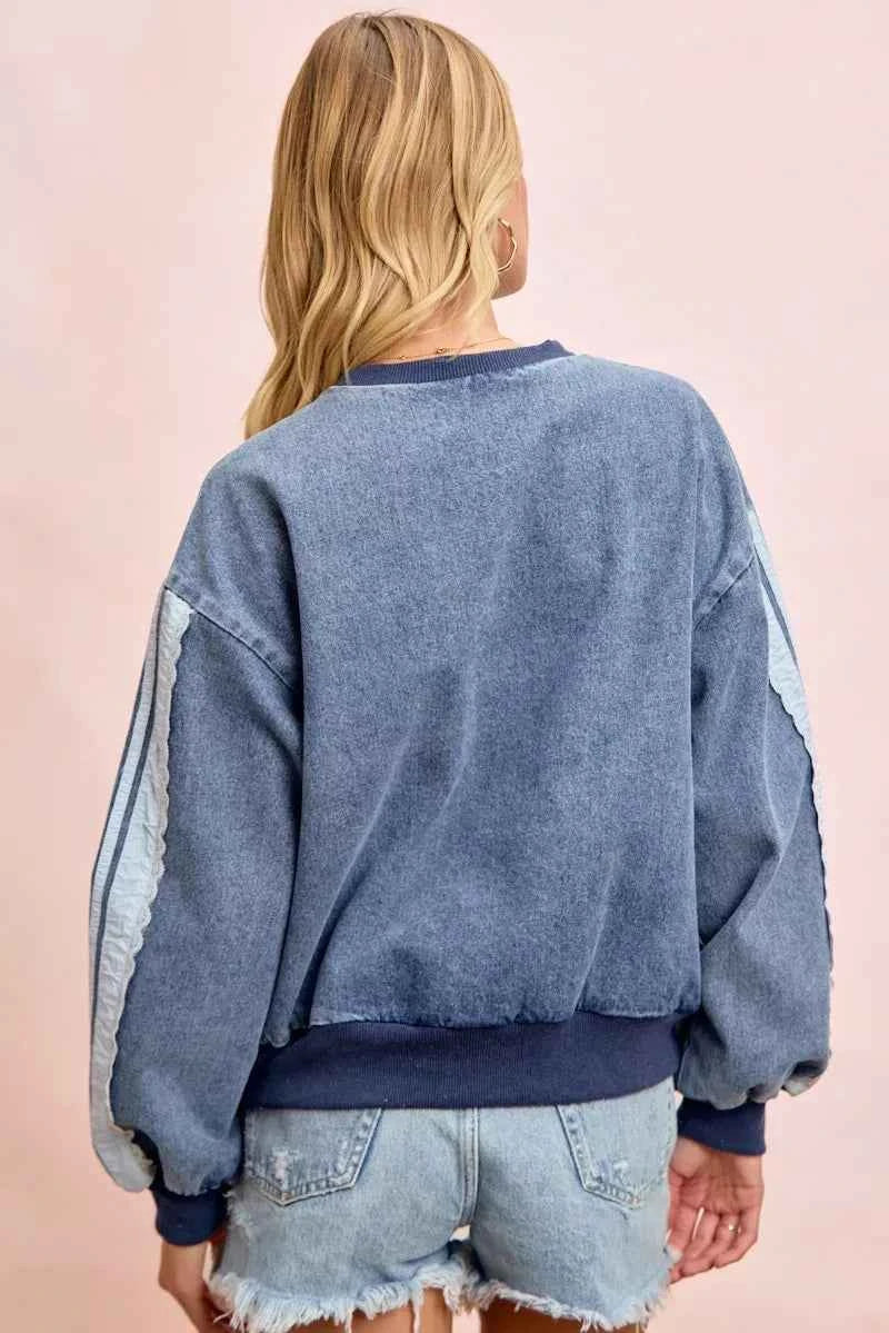 Trendsi BiBi washed denim sweatshirt with lace contrast sides, casual and stylish denim sweatshirt for women.