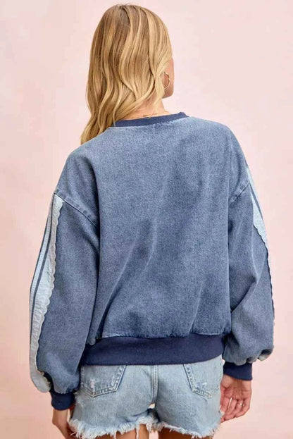 Trendsi BiBi washed denim sweatshirt with lace contrast sides, casual and stylish denim sweatshirt for women.
