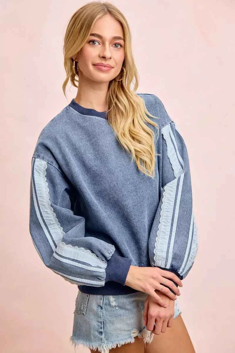 BiBi washed denim sweatshirt with lace contrast sides, casual trendy long sleeve top, Trendsi fashion apparel.