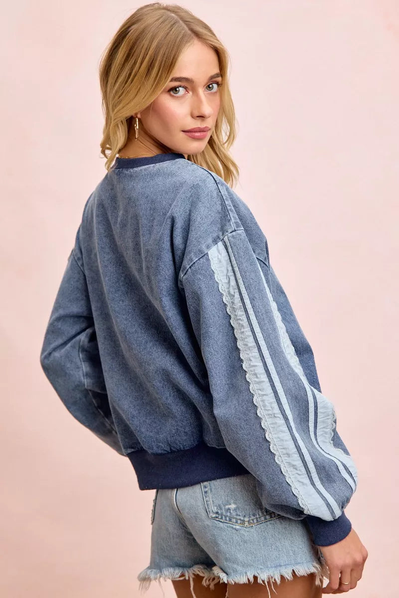BiBi washed denim sweatshirt with lace contrast sides, casual fit, trendy design, made by Trendsi.