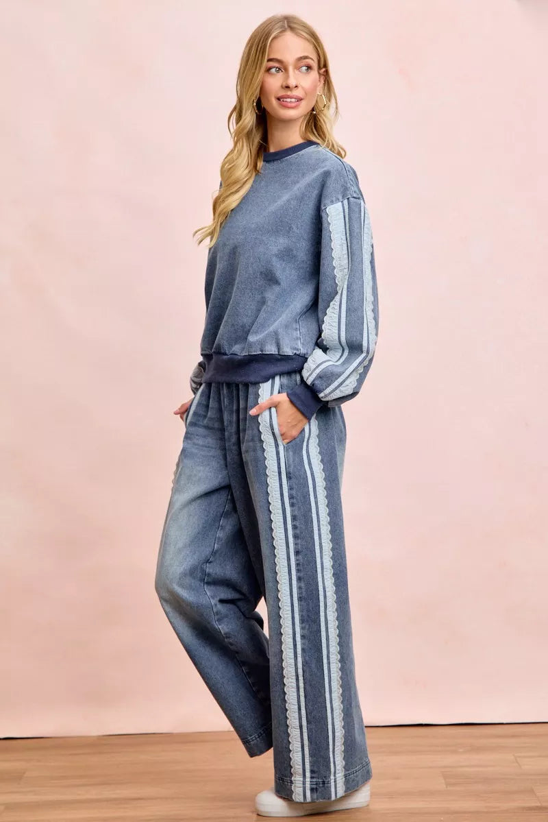 BiBi washed denim sweatshirt by Trendsi featuring lace contrast sides and a casual, relaxed fit.