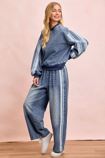 Trendsi BiBi Washed Denim Lace Contrast Sided Sweatshirt with denim fabric, lace details, and casual fit.