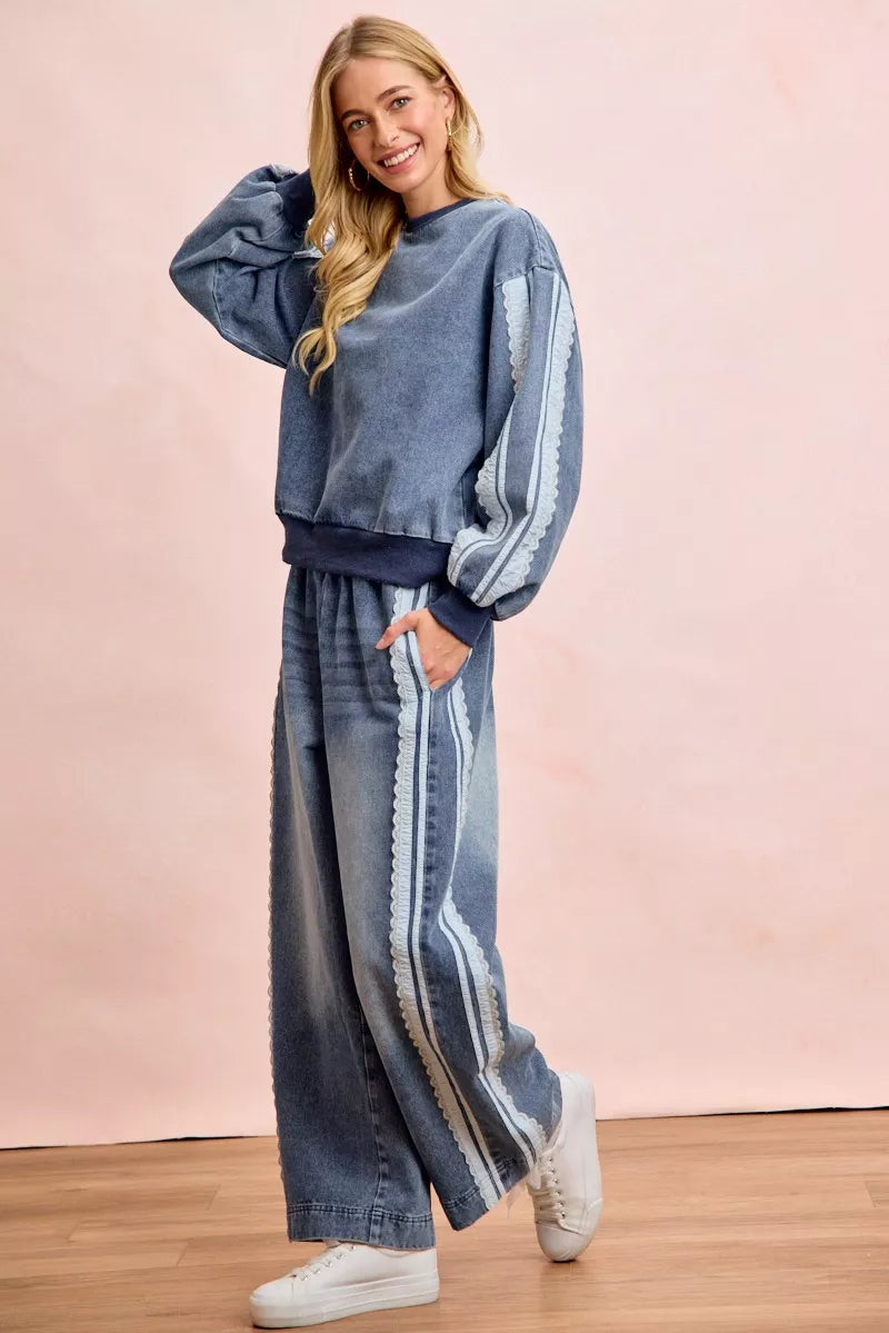 BiBi Washed Denim Lace Contrast Sided Sweatshirt with trendy denim fabric, lace details, and casual fit from Trendsi.