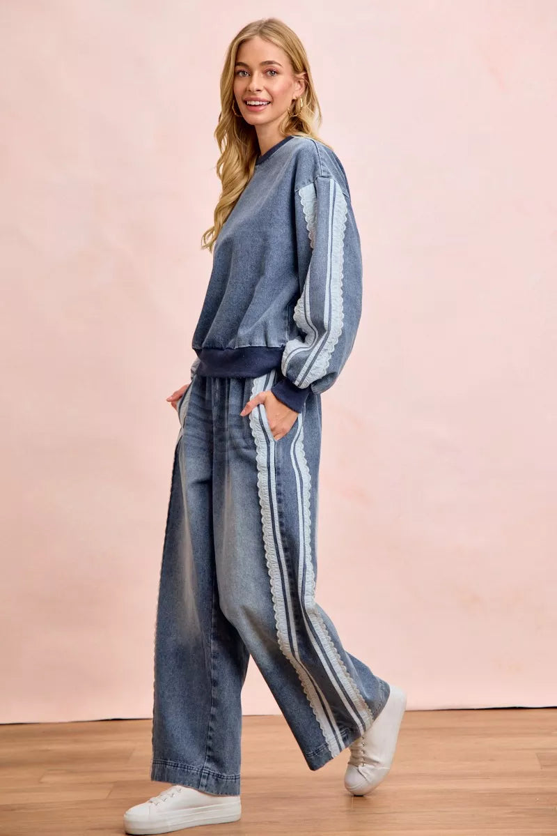 BiBi washed denim sweatshirt by Trendsi featuring lace contrast sides, casual fit, and distressed denim fabric.