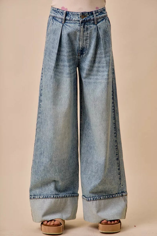Trendsi SO ME mid-rise plated wide-leg denim jeans shown in dark wash with a relaxed fit and classic five-pocket style.