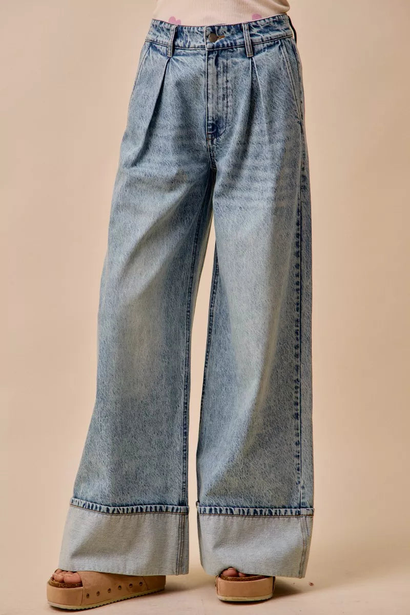 Trendsi SO ME mid-rise plated wide-leg denim jeans displayed on a hanger with a light background.