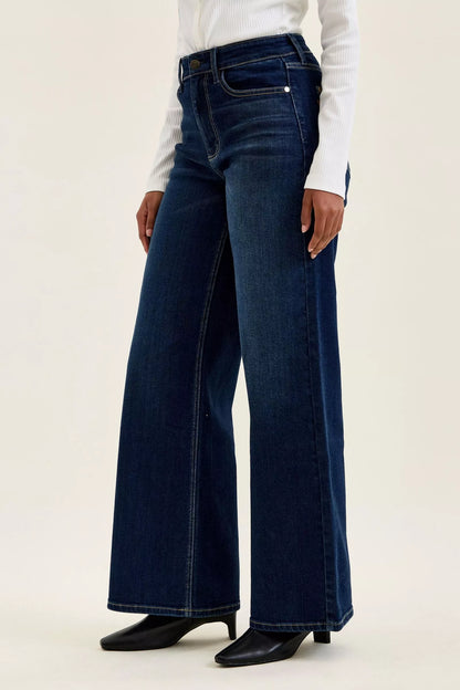 Dark wash Judy Blue high-waisted wide-leg jeans with classic five-pocket design and relaxed fit, perfect for casual wear.