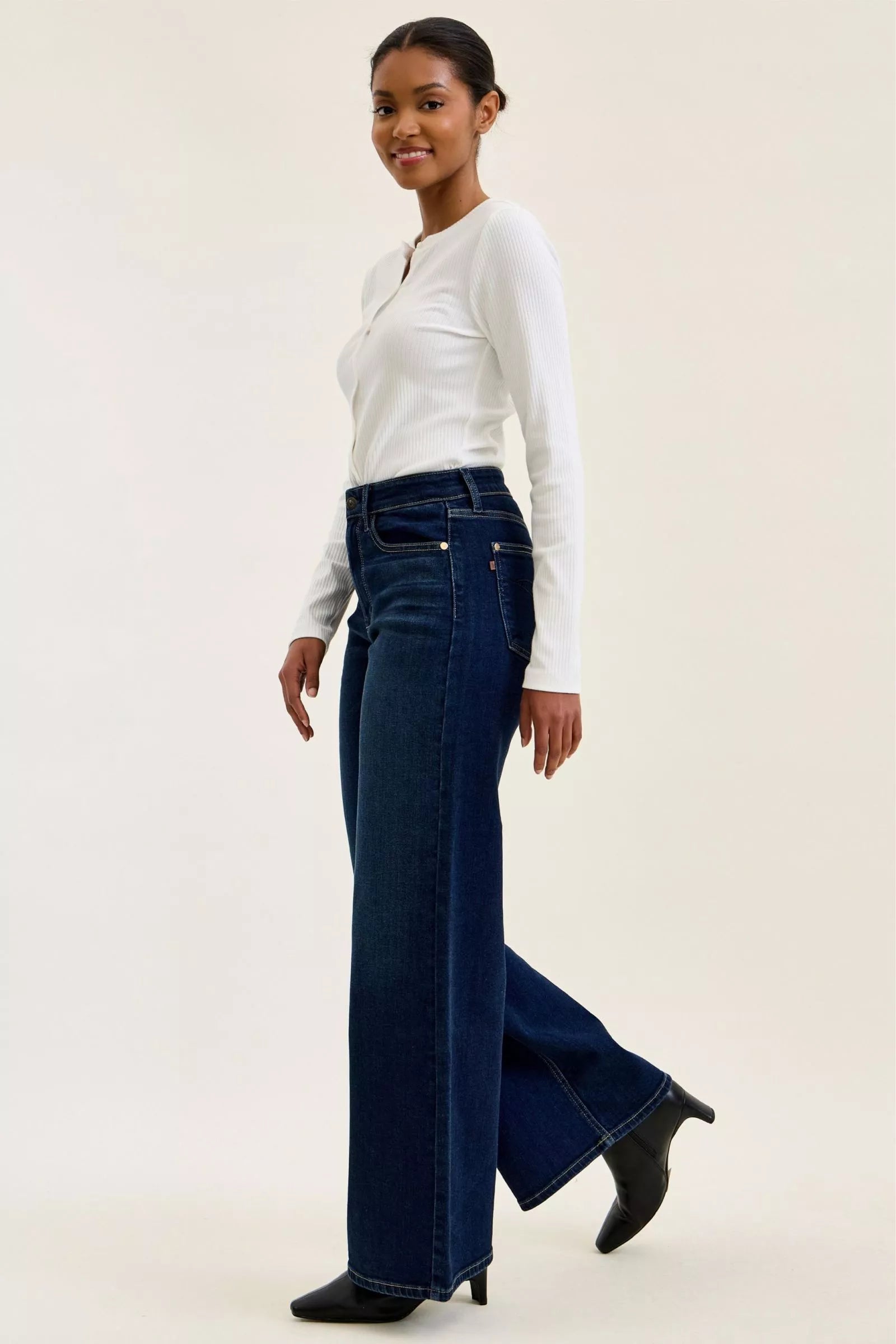 Dark wash Judy Blue high-waisted wide-leg jeans with a relaxed fit and classic denim look.