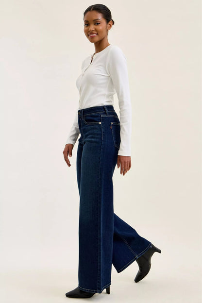 Dark wash Judy Blue high-waisted wide-leg jeans with a relaxed fit and classic denim look.