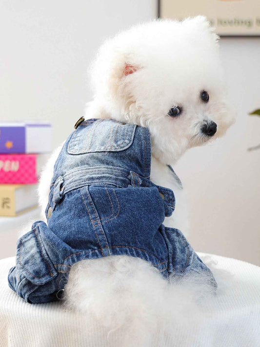 Stylish denim dog overalls by Trendsi, trendy pet clothing in one size, featuring a fashionable denim design for dogs.