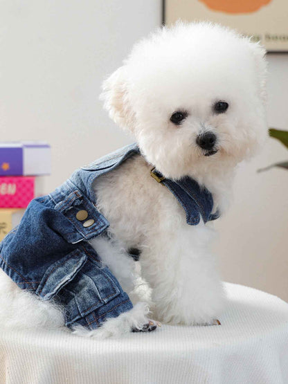 Trendi denim dog overalls for pets, stylish and trendy, made for a comfortable fit, perfect for fashionable dog clothing.