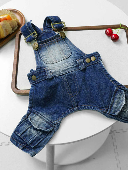 Trendy denim pet overalls for dogs, stylish dog clothing by Trendsi, featuring a one-size fit and fashionable design.
