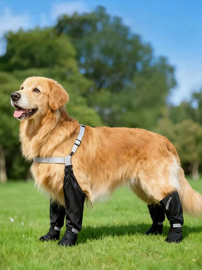 Dog protective legging pet shoes from Trendsi, made of durable fabric, designed to protect a dog's legs and paws during walks.