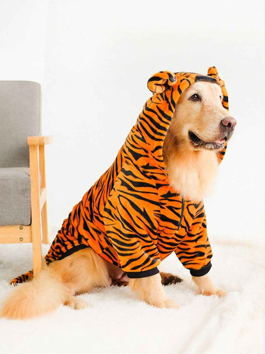Dog wearing Trendsi Tiger Pet Hoodie with ears, cozy orange tiger print dog clothing for small to large breeds.