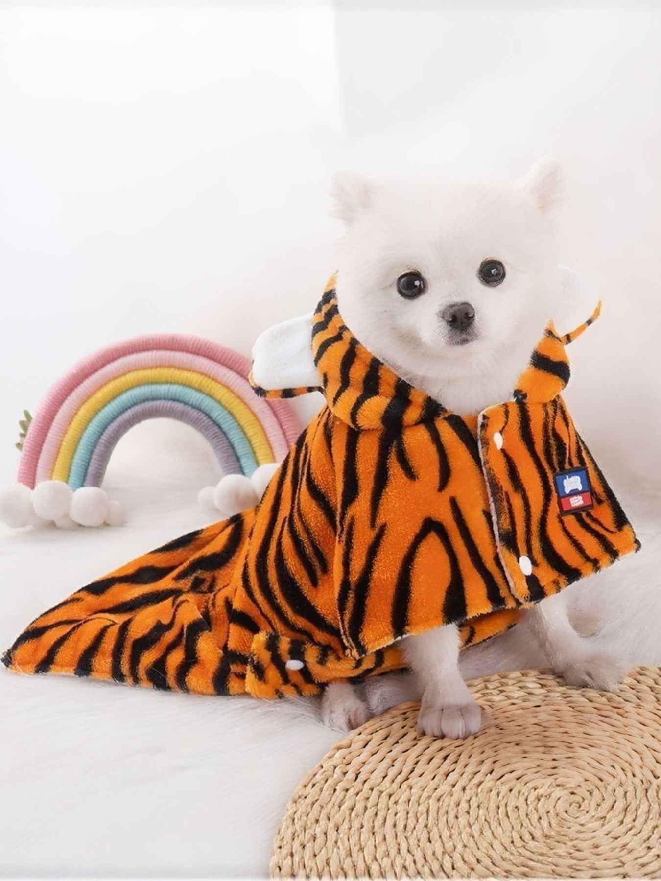 Dog wearing a tiger pet hoodie with ears, Trendsi brand, in size 6XL, soft and cozy dog clothing for pets.