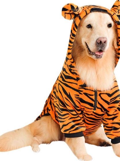 Dog wearing a tiger pet hoodie with ears from Trendsi, cozy dog clothing in size 6XL with tiger print and playful ear details.