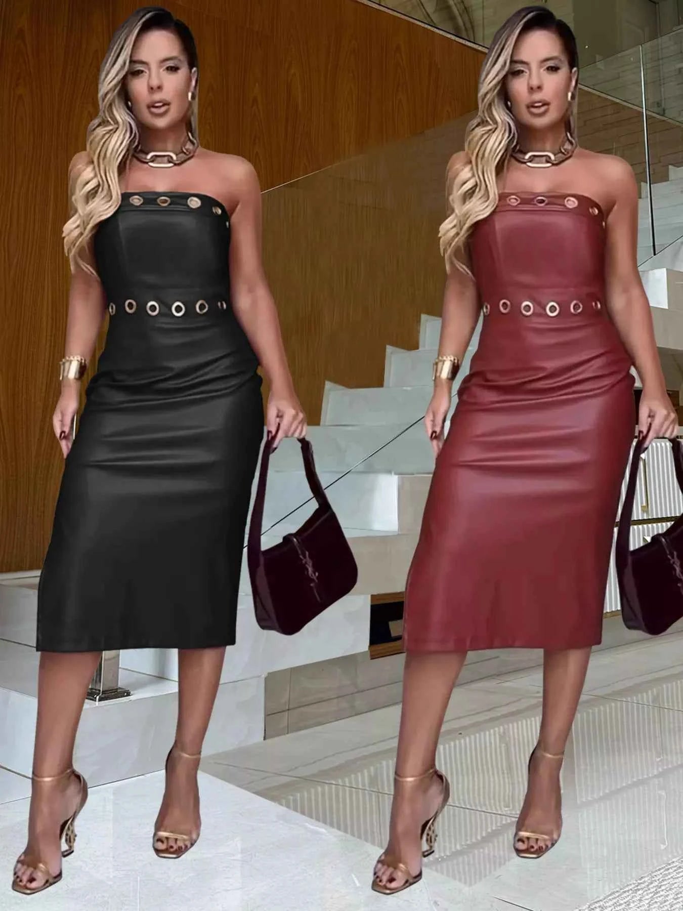 Burgundy slit tube bodycon midi dress by Trendsi, showcasing a fitted silhouette and stylish design perfect for elegant occasions.