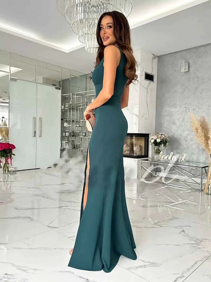 Dust Storm Effortlessly Chic Sleeveless High Slit Maxi Dress by Trendsi, elegant dress with a high slit and sleeveless design for any occasion.