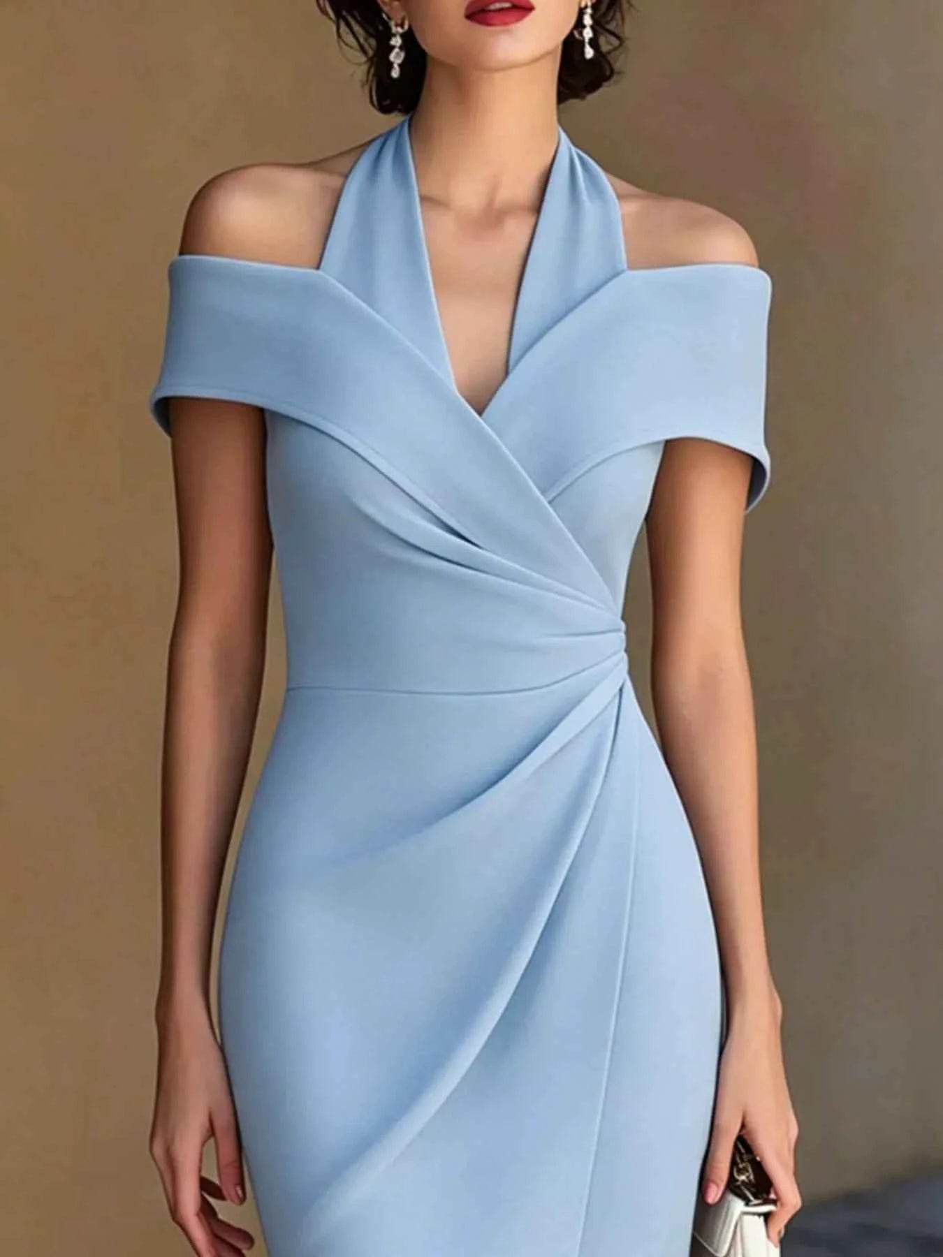 White ruched asymmetrical midi dress by Trendsi featuring a flattering fit and elegant design, perfect for sophisticated occasions.