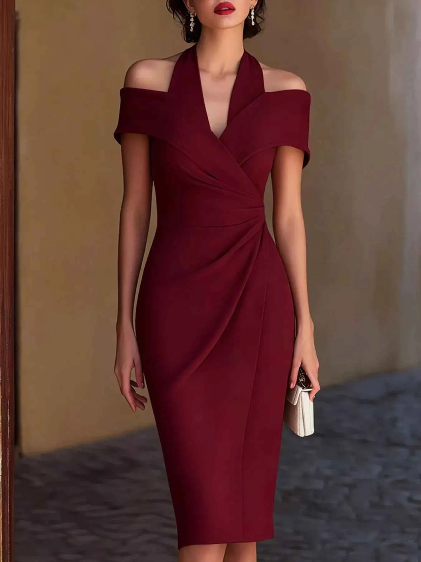 White ruched asymmetrical midi dress by Trendsi featuring a flattering fit and elegant, effortless style.