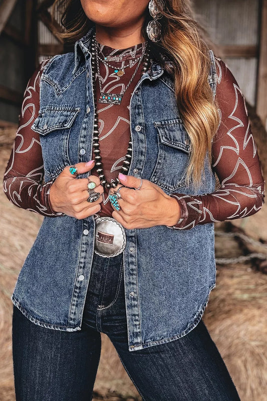 Blue solid denim sleeveless cowboy vest with button-front and front pocket, featuring a casual Western style by Trendsi.