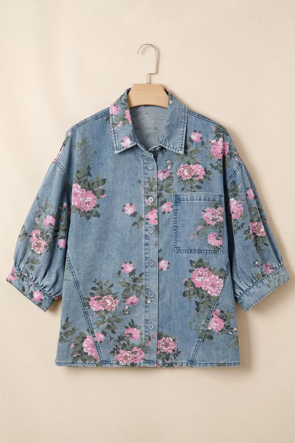 Dusty blue floral print denim shirt by Trendsi, featuring button-up front and casual long sleeve design.