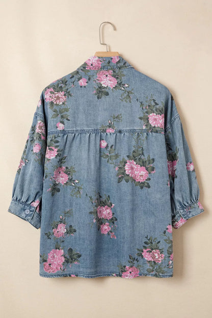 Dusty blue floral print denim shirt by Trendsi, featuring a button-up design and long sleeves, casual and stylish for everyday wear.