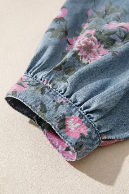 Dusty blue floral print button-up denim shirt by Trendsi, featuring a classic collar and long sleeves.