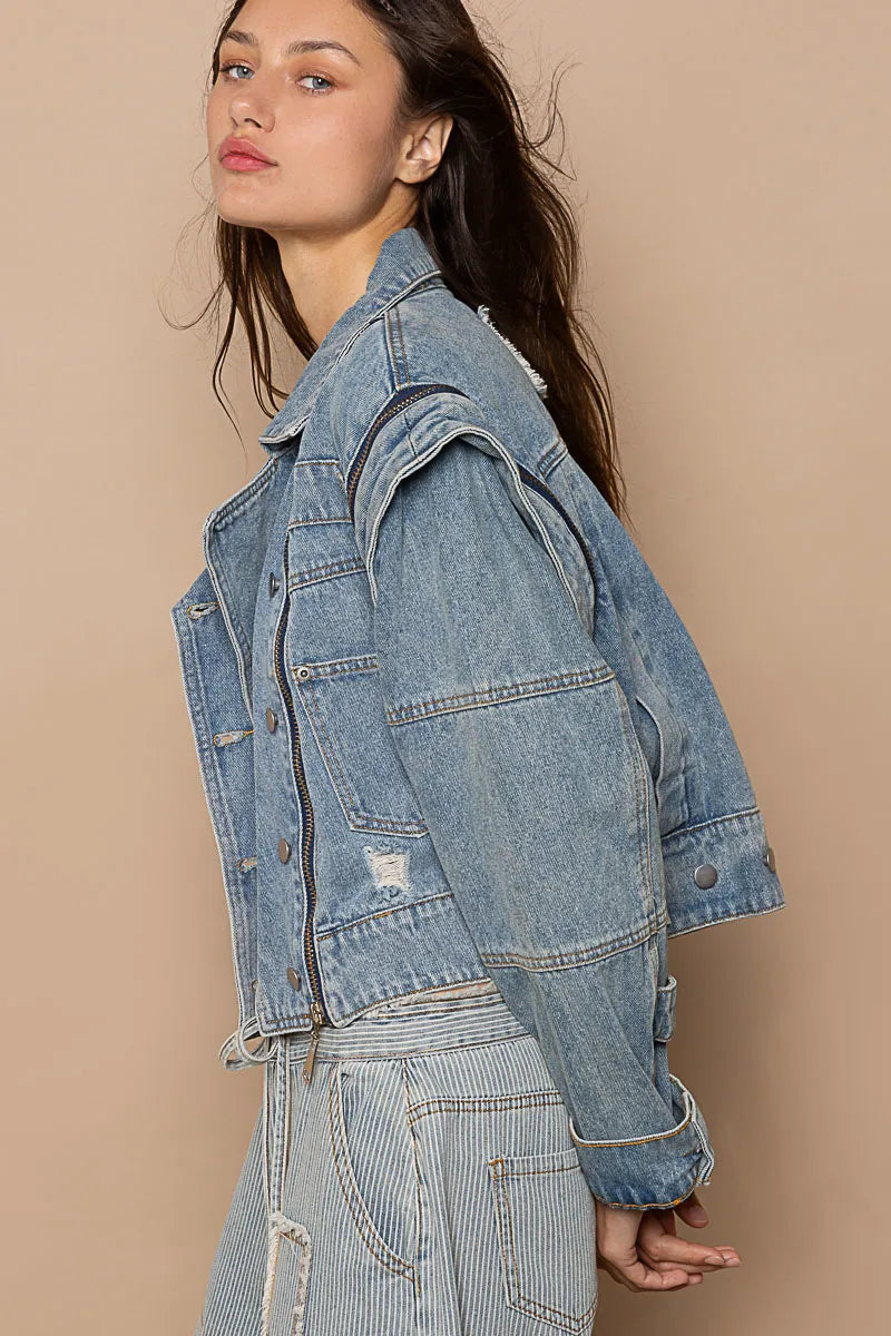 Dusty blue POL cropped denim jacket with functional zipper detail, trendy and stylish for casual wear.