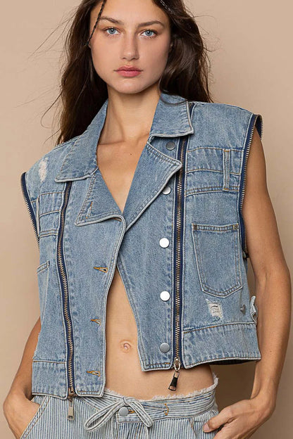 Dusty blue POL cropped denim jacket by Trendsi with functional zipper details and classic design, perfect for casual wear.